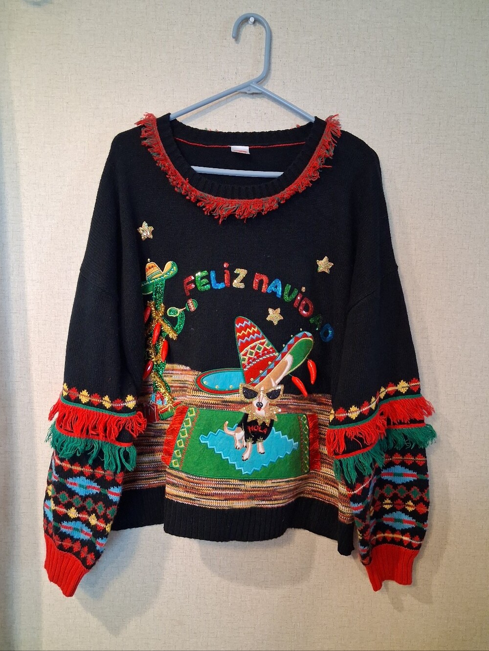 Holiday Time Black 'Merry Christmas' Fringe Sweater with Red & Green Accent ugle